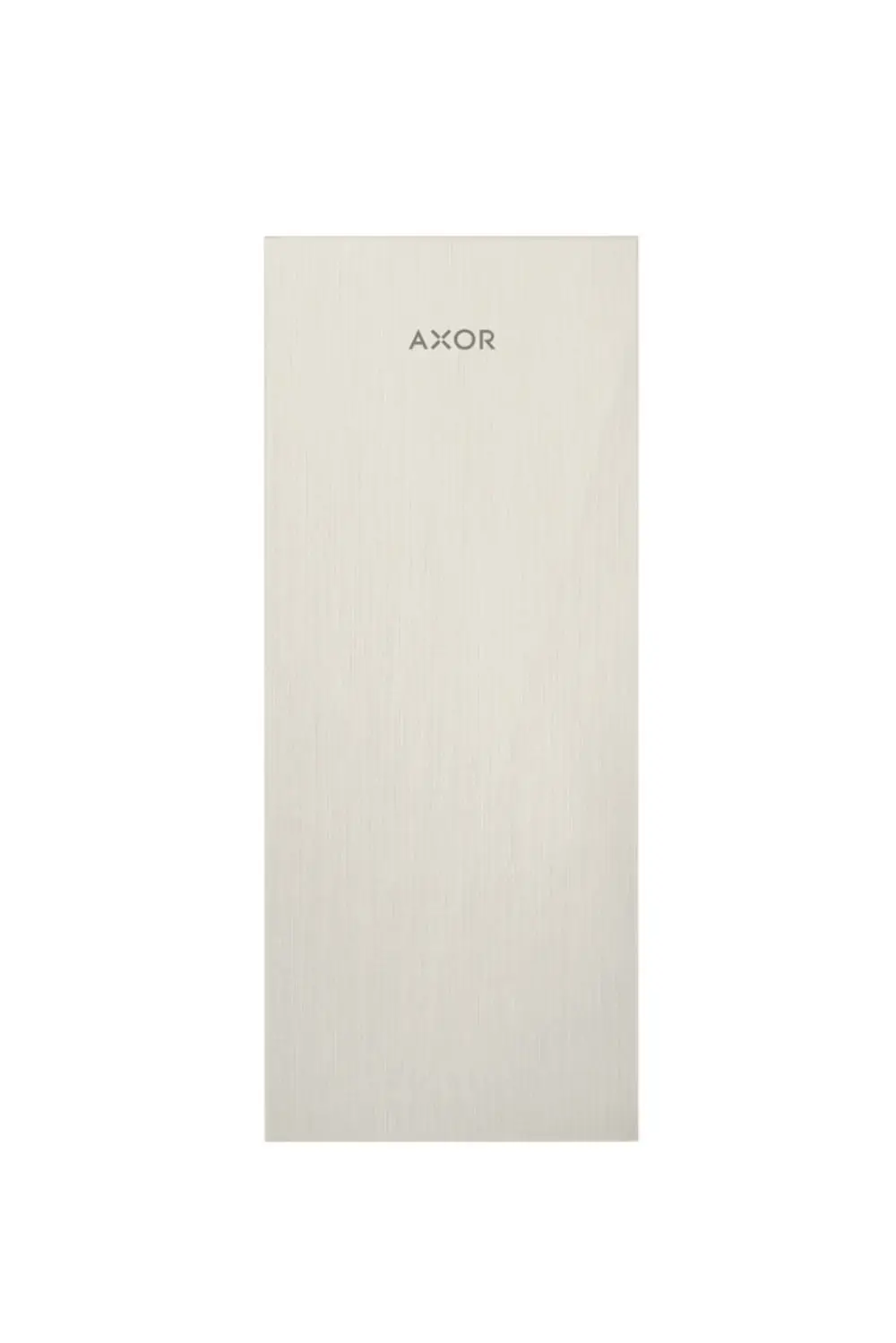 Edelstahlplatte mit gebürsteter Oberfläche, beschriftet mit der Marke AXOR. Die Platte hat ein minimalistisches Design und ist in vertikaler Ausrichtung dargestellt.